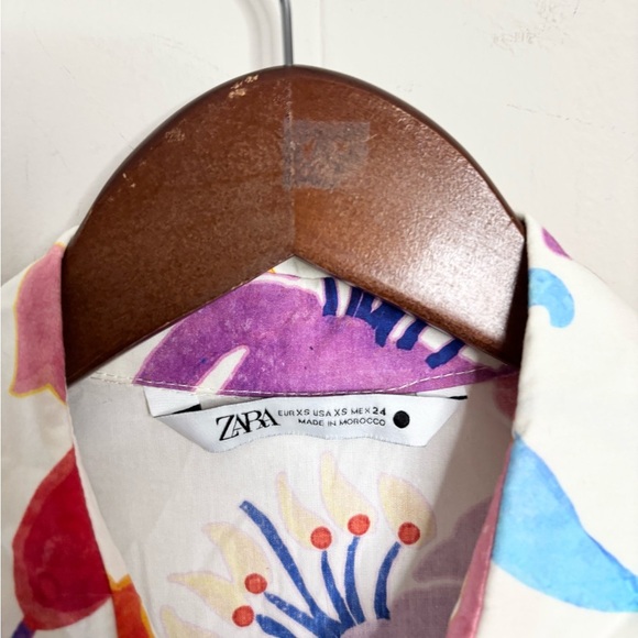 Zara white cotton poplin shirt dress colorful pattern tie waist midi size XS - Picture 6 of 7